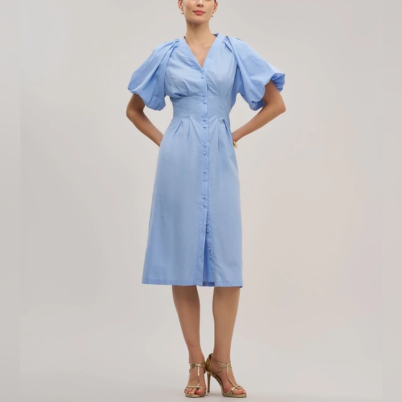 Rihoas Blue Half Sleeve Button Midi Dress - Picture 1 of 6